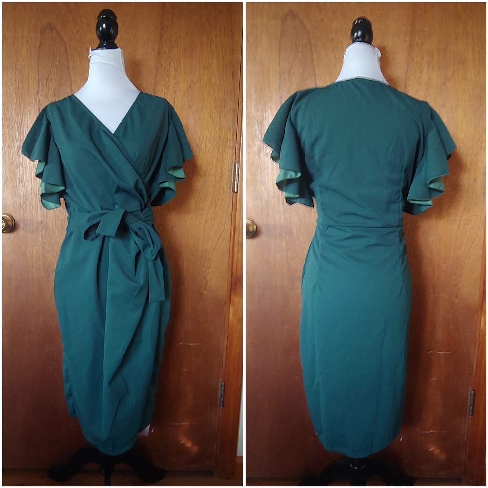 NWT G&Y Dark Green V Ruched Tie Waist Wrap Short Sleeve Cocktail Midi Dress XL - Picture 4 of 15